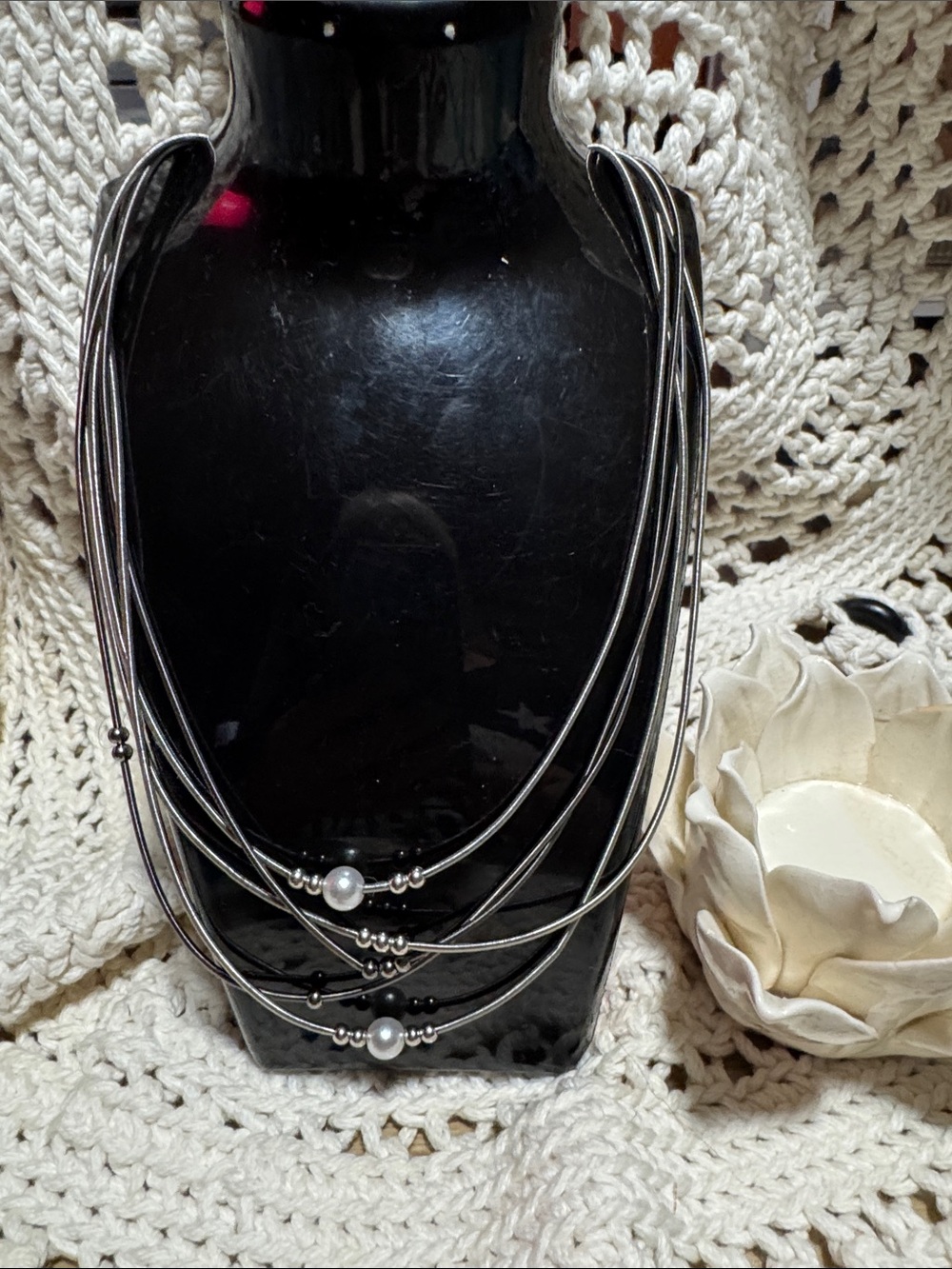 Multi-Strand Black Cord Necklace with Silver and Pearl Accents